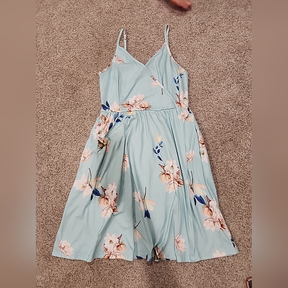 Styleworld Womens Medium Blue Floral Adjustable Spaghetti Strap Midi Dress